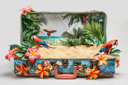 Open retro suitcase with seascape and sand, palm trees and parrots on a white background, seaside holidayの素材