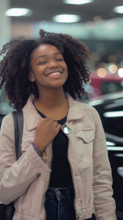 With a wide smile, a happy woman poses next to her freshly purchased vehicle in the showroom, basking in the thrill of ownership and the promise of countless adventuresの素材