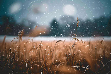 A close-up of a snow-covered field during snowfall, with snowflakes in focus, creates a serene winter sceneの素材
