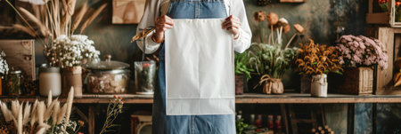 Positioned at chest level, a white blank shopper bag stands out against the vintage farm grocery store interior, mockup bannerの素材