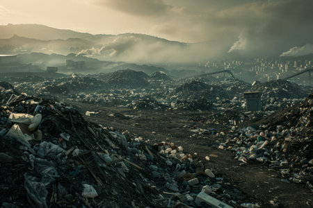 A vast city garbage dump sprawls with towering mountains of waste, a stark reminder of consumptionの素材