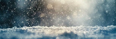 Snowflakes gently blanket a snow field in focus, evoking tranquility and beauty amidst the falling snow, bannerの素材