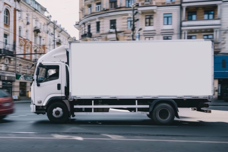 Semi-truck with a trailer delivering products in a modern city , empty side of the car for advertising, mockupの素材