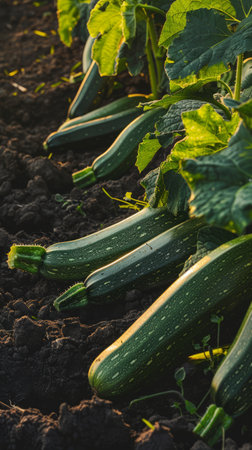 On a flourishing plantation, zucchinis grow abundantly, their fresh, green forms standing out against the rich soilの素材