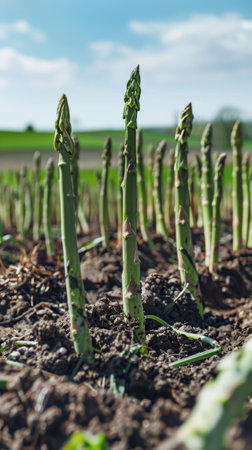 On a plantation, verdant rows of asparagus are adorned with dewy drops, their fresh organic stalks thriving in the lush environmentの素材