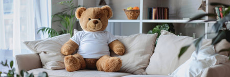Bear in a white T-shirt, mockup featuring a large toy plush bear, adding a playful touch to any design presentation or marketing campaign, bannerの素材