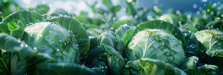 Dew-covered cabbages grow abundantly on a farm plantation, their crisp, bannerの素材