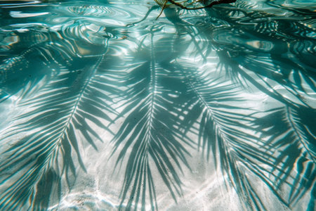 The dappled shadow of lush tropical leaves dances delicately on the crystal clear surface of the tranquil tropical beachの素材