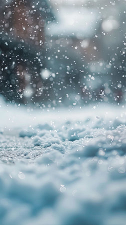 With snowflakes softly falling, a snow-covered field comes into focusの素材