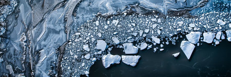 The frozen river's cracked ice patterns are mesmerizing from the air, photography emphasizes the cool blues and whites, bannerの素材