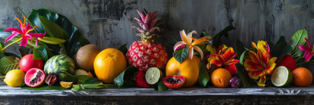 The table is covered with a variety of fruits and vegetables, showcasing a rainbow of colors healthy tasty fresh organic vegetables and fruits, healthy food, bannerの素材
