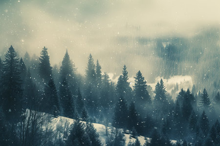 A stunning winter landscape from above: snow-covered mountains rise majestically against a clear skyの素材