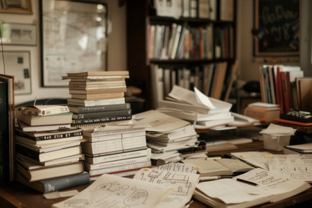 A student's desk brims with organized chaos, filled with scattered books and notes. Despite the clutter, a sense of order prevails, reflecting a busy, dedicated study spaceの素材
