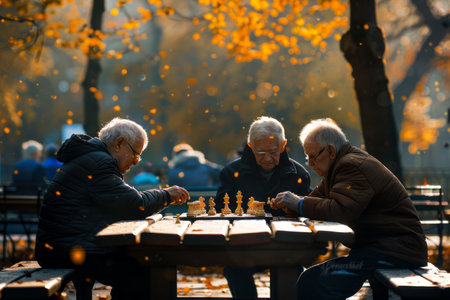 In a lively city park, old people gather to play chess, the peaceful setting, dotted with benches and greenery provides a perfect backdrop for their strategic and social gameの素材