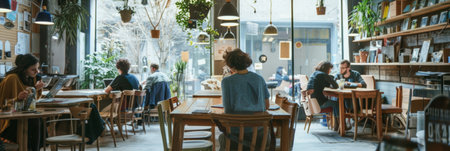 People in a shared workspace utilize communal desks and resources, creating a vibrant hub for collaboration and productivity. The space is flexible, modern, non-ownership mentalityの素材