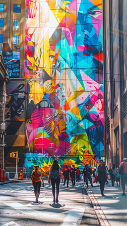 Street art breathes new life into a city street, with colorful murals and happy passersby creating a lively, the transformation adds charm and excitement to everyday scenes, elevated everydayの素材