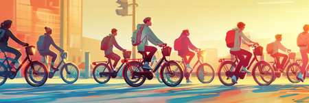 A fleet of electric bicycles is shared by the community, offering a convenient, sustainable, and healthy way to commute This green initiative enhances urban mobility and environmental consciousness, non-ownership mentalityの素材