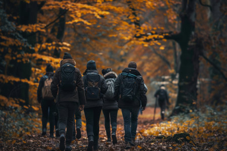 A group of friends strolls through an autumn forest, surrounded by vibrant fall foliage, their laughter and camaraderie echo through the trees, creating a picturesque moment, deepの素材