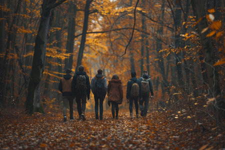 A group of friends strolls through an autumn forest, surrounded by vibrant fall foliage, their laughter and camaraderie echo through the trees, creating a picturesque moment, deepの素材