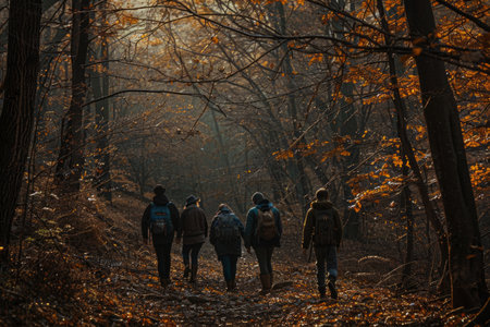 Walking through an autumn forest, a group of friends enjoys the vibrant scenery and each other's company, the golden leaves and cool breeze make for a perfect autumn adventure, deeの素材