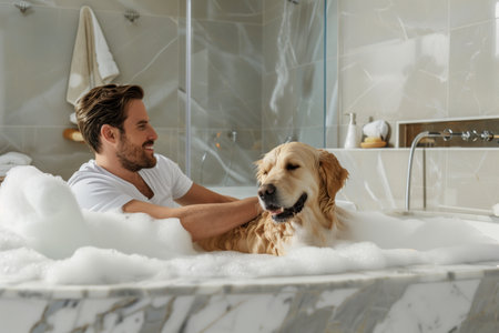 In a modern bathroom, a man carefully bathes his beloved Golden Retriever lathering thick foam onto the dog's fur with gentle care, creating a scene of domestic grooming and canine wellnessの素材