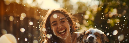 The vibrant garden scene captures a young woman's laughter as she bathes her sudsy dog, highlighting the playful, loving, and relaxed atmosphere of summertime pet grooming and bondingの素材