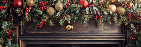 This festive scene showcases a circular garland rich in greenery, holly, and baubles, perfectly complementing a cozy fireplace with classicの素材