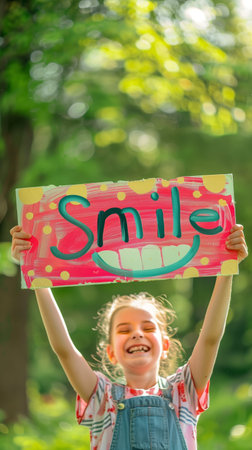 In a vibrant park filled with greenery, an individual shares an uplifting message of happiness by holding a colorful sign that says Smile, symbolizing optimismの素材