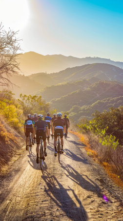 Cyclists traverse a picturesque trail surrounded by mountains and forest, showcasing their fitness and enduranceの素材