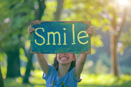 A person holds up a cheerful hand-painted sign with the word Smile in a lush green park, spreading positivity and optimismの素材