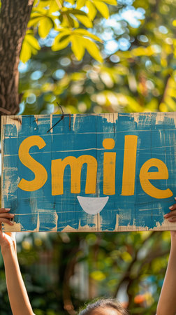 In a vibrant park filled with greenery, an individual shares an uplifting message of happiness by holding a colorful sign that says Smile, symbolizing optimismの素材