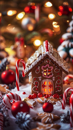 This gingerbread house features delicate icing designs, candy canes framing the structure, gumdrops along the edgesの素材