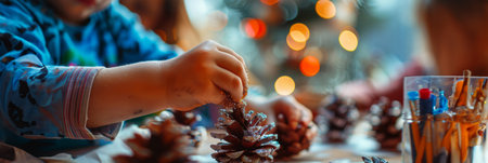 Detailed shot of a child's hands adding glitter to a painted pine cone, with a lively background of kids working on different holiday craft projectsの素材