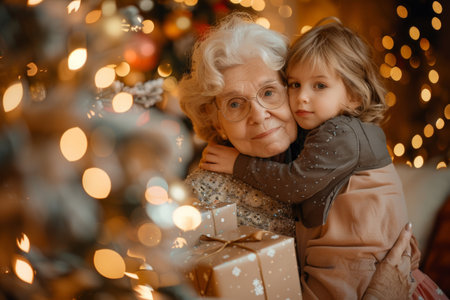 A warm and cozy living room features a grandmother and granddaughter hugging near a beautifully decorated Christmas tree, radiating loveの素材