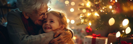 The cozy living room showcases a festive Christmas tree with a grandmother and granddaughter sharing a tender hug, bannerの素材