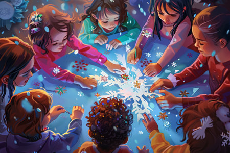 A child is carefully decorating a paper snowflake with glitter and stickers, surrounded by friends engagedの素材