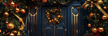 A charming circular garland with red berries, pine cones and ribbons, illuminated by twinkling fairy lights, brings holiday cheer to a rustic wooden doorの素材