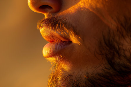 A close-up of a mans cheek reveals a subtle inner glow, softly highlighting his features with a radiantの素材