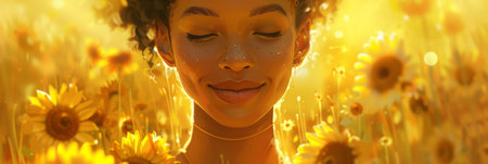 A vibrant scene of a young woman smiling radiantly, surrounded by sunflowers and golden sunlight, embodying warmth and positivity, glow from inside bannerの素材