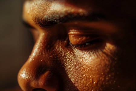 A close-up of a mans cheek reveals a subtle inner glow, softly highlighting his features with a radiantの素材