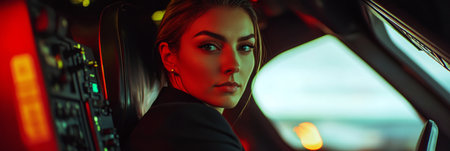 A determined and inspiring female pilot in uniform, seated in the cockpit, mastering the controls with precision and professionalism, a role model in modern aviation, bannerの素材