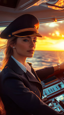 A focused and composed female cruise ship captain, in a crisp uniform adorned with gold epaulettes, confidently steering the vessel under a vibrant sunset on the open oceanの素材