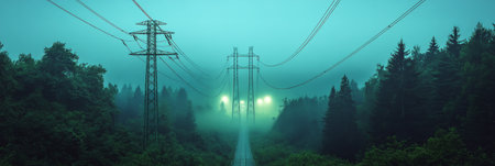High-energy electric transmission lines winding through lush greenery, set in a twilight backdrop with cool tones of green and grey, evoking a serene yet industrial scene bannerの素材