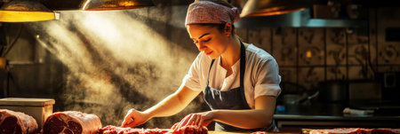 A female meat seller, confident and meticulous, slices fresh meat under warm lighting, her skilled craft inspiring trust and showcasing premium quality in a butcher shop, bannerの素材