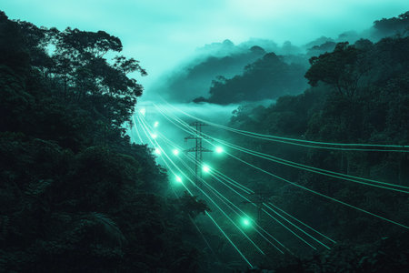 A long stretch of high-energy electric power lines cutting through a dense forest at twilight, blending industrial elements with cool green and grey tones tranquil yet dynamicの素材