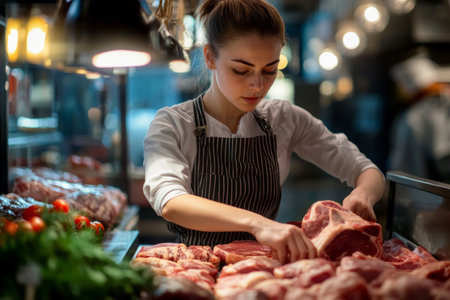 A confident and stylish female meat seller carefully arranges fresh cuts of meat on a display, set in a vibrant modern market with a professional, organized touchの素材