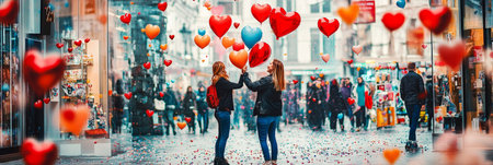 A couple exchanging heart-shaped balloons on Valentine Day in a festive city square, with colorful shops and confetti adding to the joyful and romantic atmosphere, bannerの素材