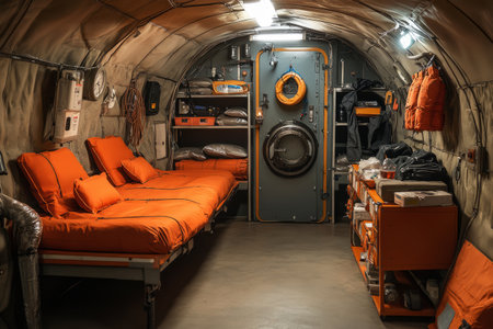 A reinforced private bomb shelter designed for households, featuring survival kits, communication devices and protective suits, secure and meticulously equipped for emergenciesの素材