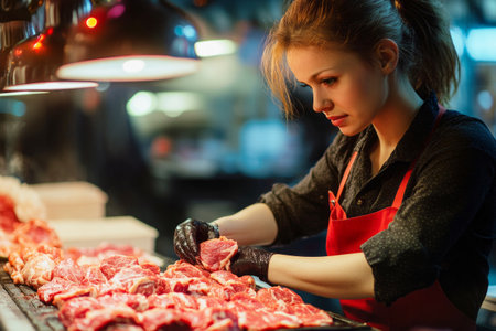 A confident and stylish female meat seller carefully arranges fresh cuts of meat on a display, set in a vibrant modern market with a professional, organized touchの素材