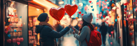 A couple exchanging heart-shaped balloons on Valentine Day in a festive city square, with colorful shops and confetti adding to the joyful and romantic atmosphere, bannerの素材
